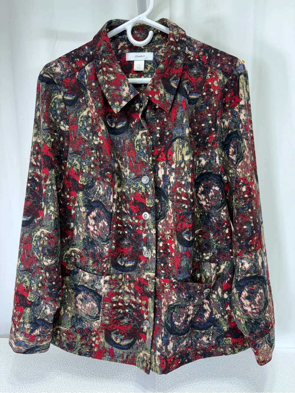 CJ Banks Abstract Print Button-Front Blazer in Red, Black & Cream 3844